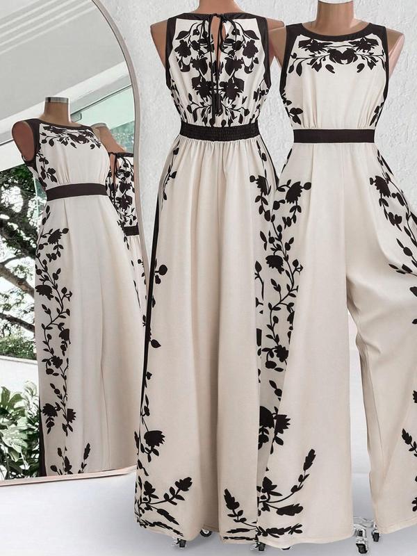 Elegant Sleeveless Printed Open-Back Casual Jumpsuit