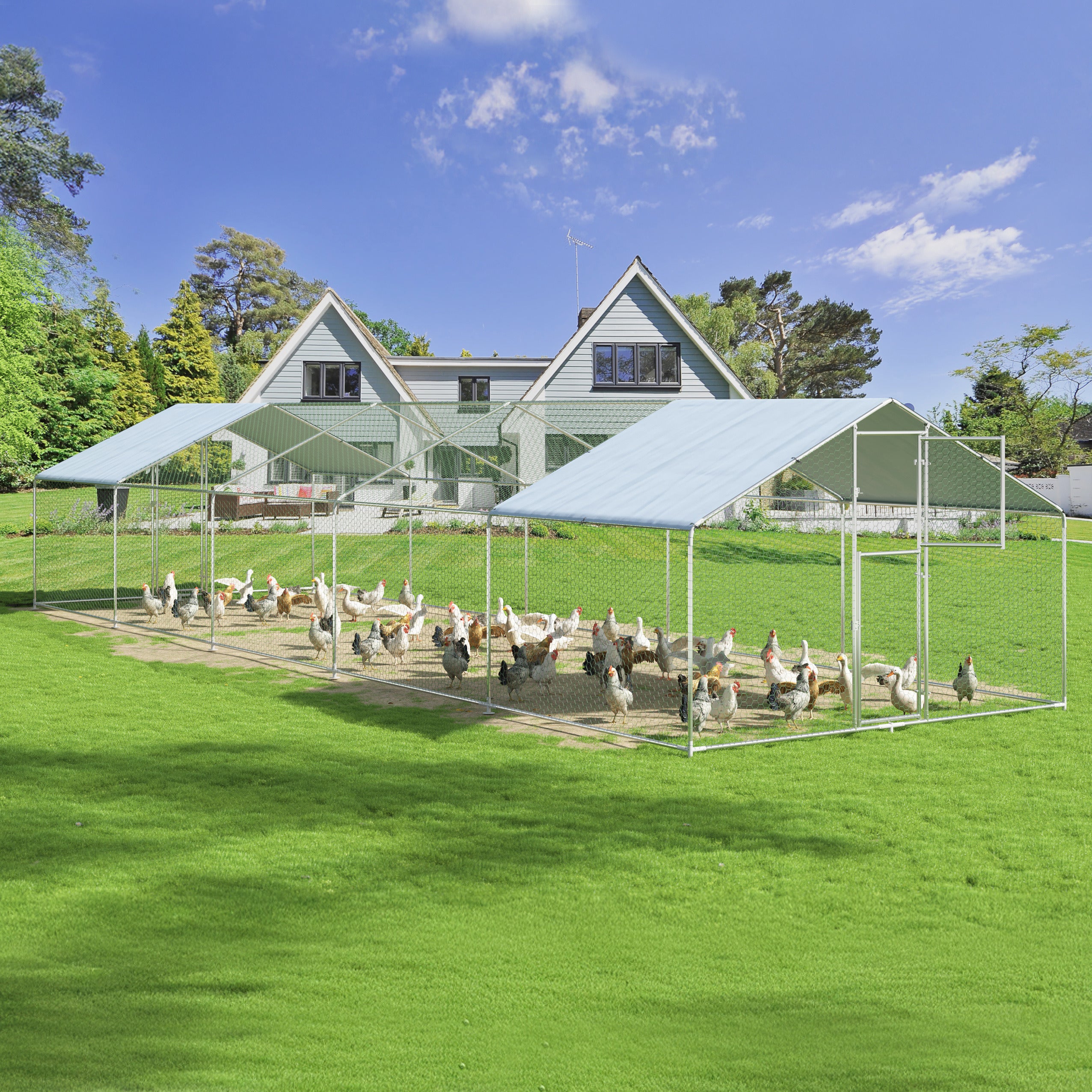 Metal Walk-in Chicken Coop – 7 ft, 13 ft, 20 ft, 26 ft, 33 ft, and 40 ft Options – Double Door with UV-Protection Cover