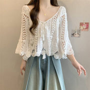 Bohemian Resort-style Crochet Hollow-out Knit Top Womens Solid-color Blouse