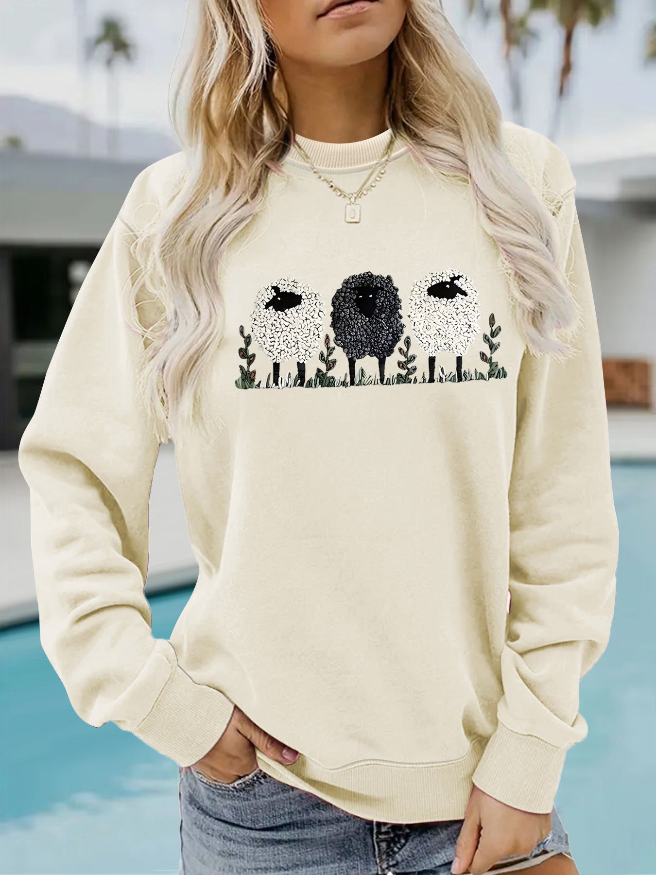 Chic Round Neck Printed Cashmere Pullover Sweater
