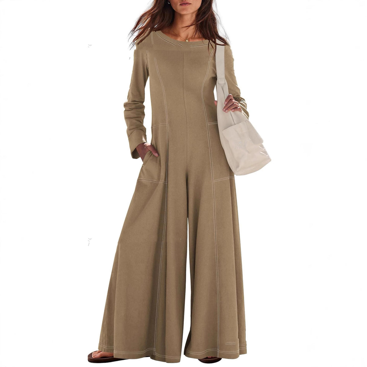 Chic Striped Long-Sleeve Wide-Leg Jumpsuit