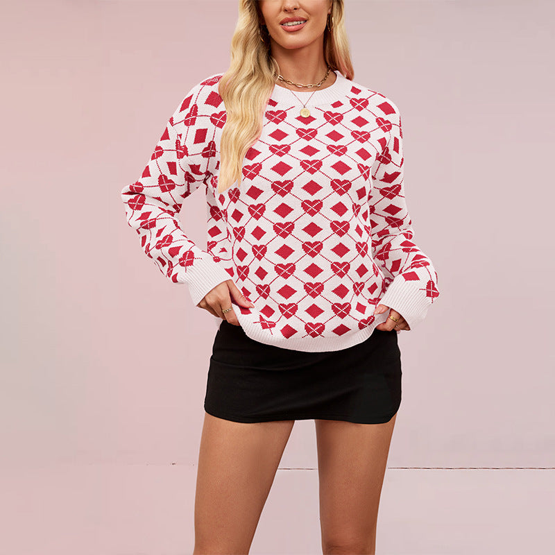 Valentine's Day Round Neck Pullover Peach Heart Sweater