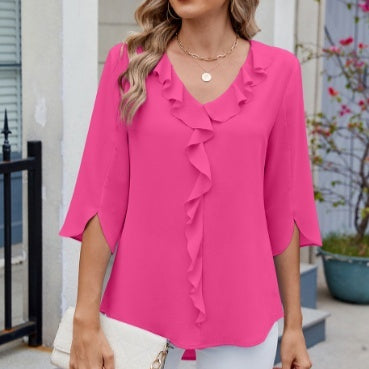 Elegant Loose-Fit Long‑Sleeve Top – Rose Red, Trendy & Comfortable