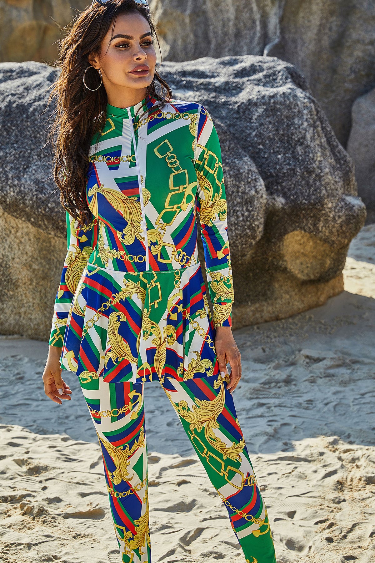 Women's Printed High-Neck Long-Sleeve Sun-Protective Swimsuit