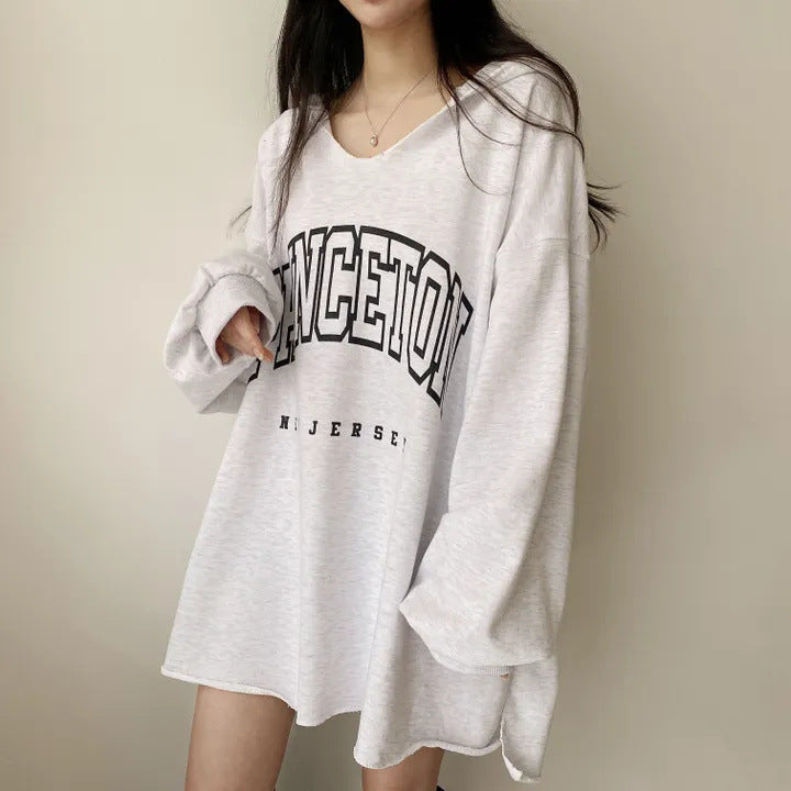 Korean Style Letter Print Loose Hooded Casual Sweater