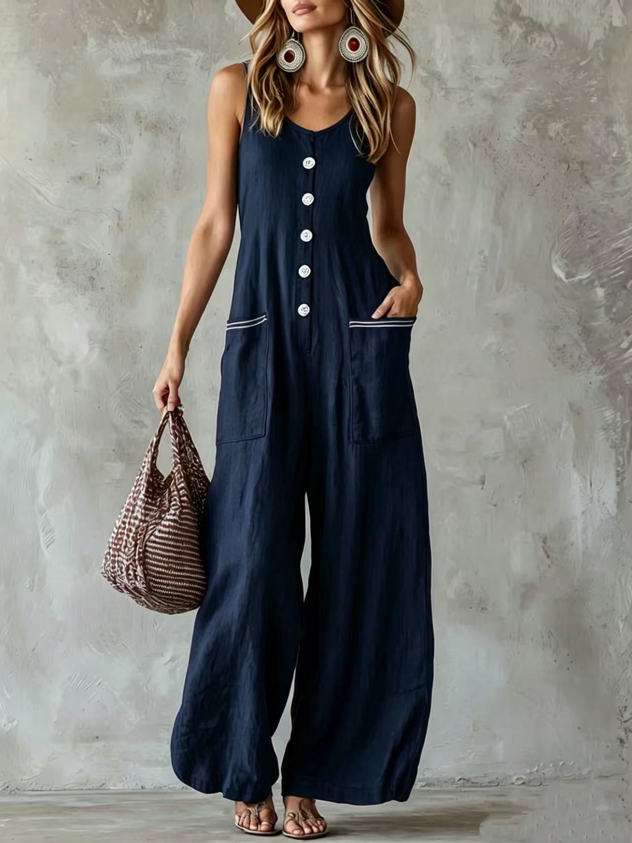 Button-front U-neck Solid-color Casual Jumpsuit