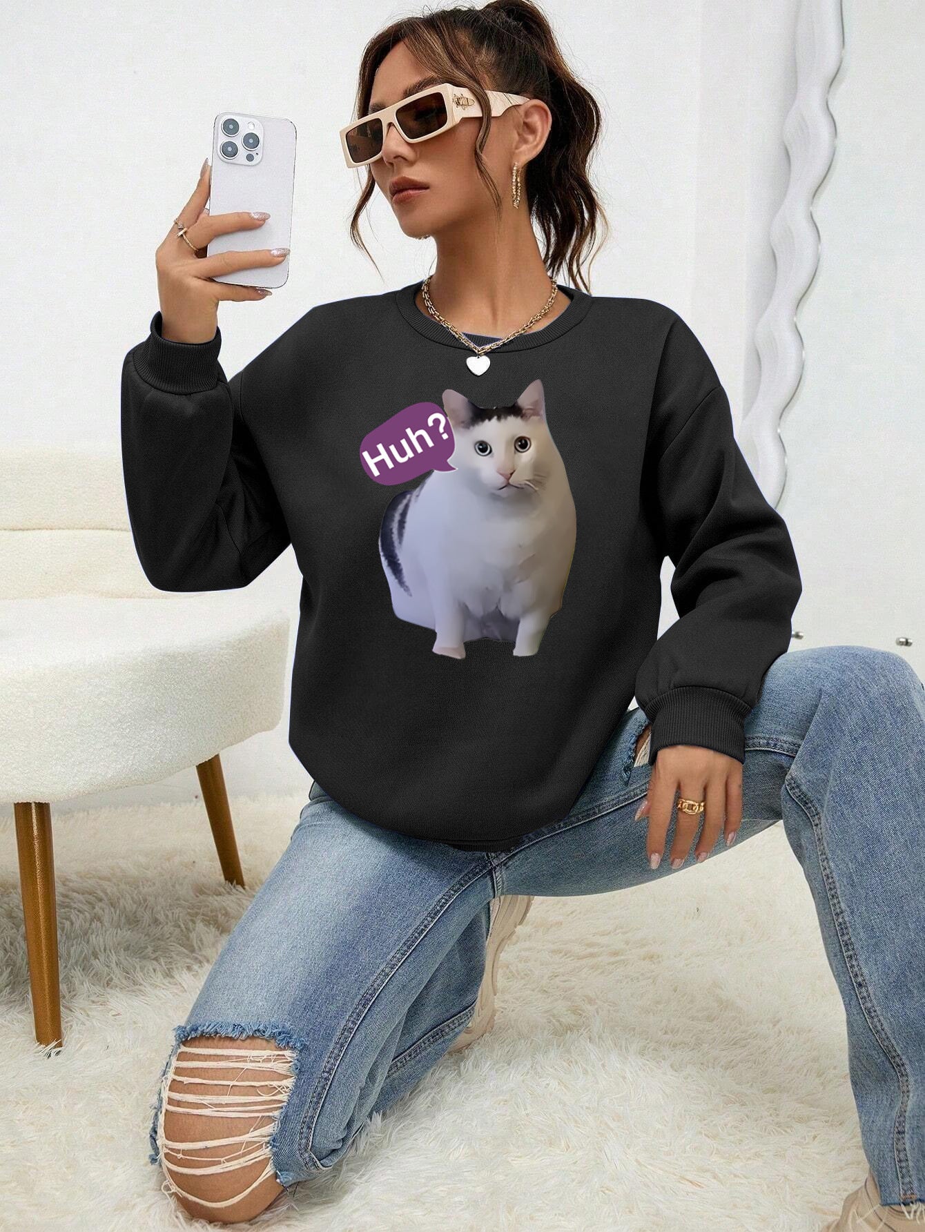Cute Cat Print Women's Casual Pullover Sweater