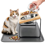 Elevated Tilted Cat Food Bowls Set with Mat, Stainless Steel