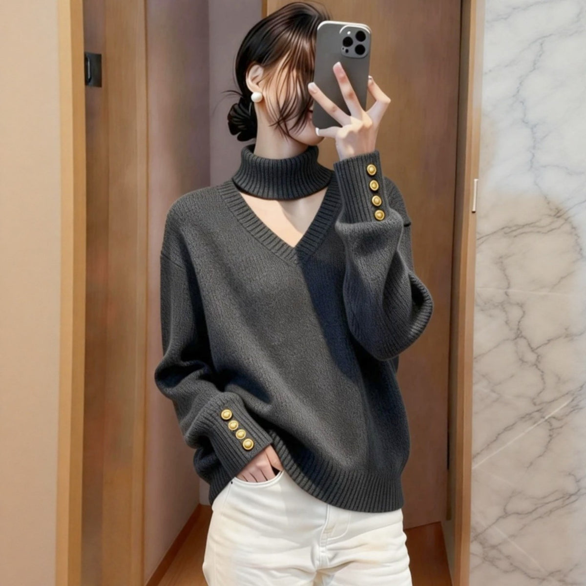Necklace-style V-neck Knit Sweater for Women