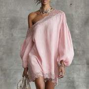 Lace‑Trimmed Off‑Shoulder Long Sleeve Top – Casual Solid Colors