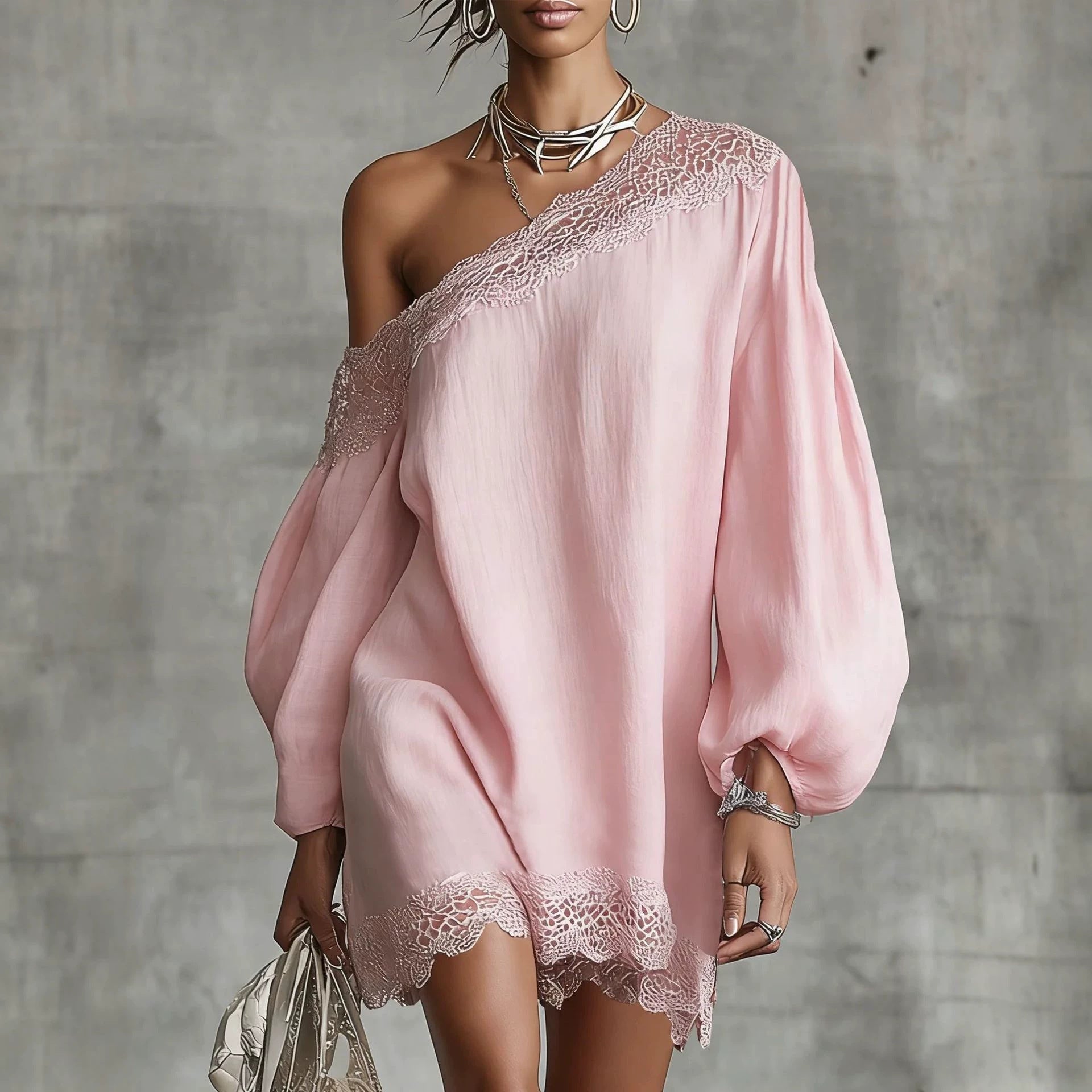 Lace‑Trimmed Off‑Shoulder Long Sleeve Top – Casual Solid Colors