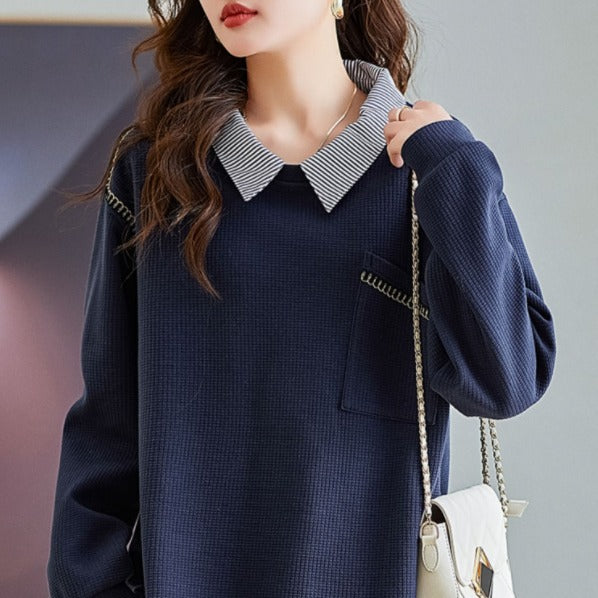 Women's Layered Polo Collar False Two-Piece Sweater