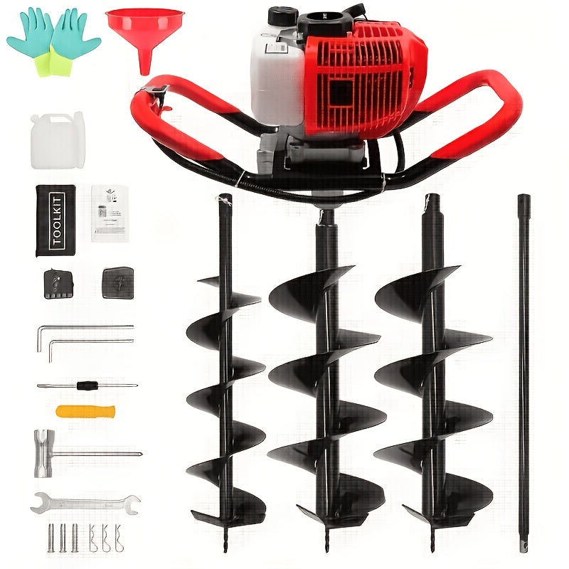 63 cc 2‑in‑1 Piling Drill with 6‑8 in Diameter, Two‑Stroke Gas Engine, Includes Two Drill Bits and Extension Rod, Orange