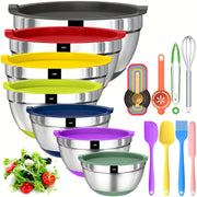 Stainless Steel Mixing Bowls 20pcs Stainless Steel Mixing Bowls With Airtight Lids - Non-Slip Colorful Silicone Bottom - 7, 3.5, 2.5, 2.0, 1.5, 1, 0.67QT Sizes - Great For Mixing, Baking, Serving