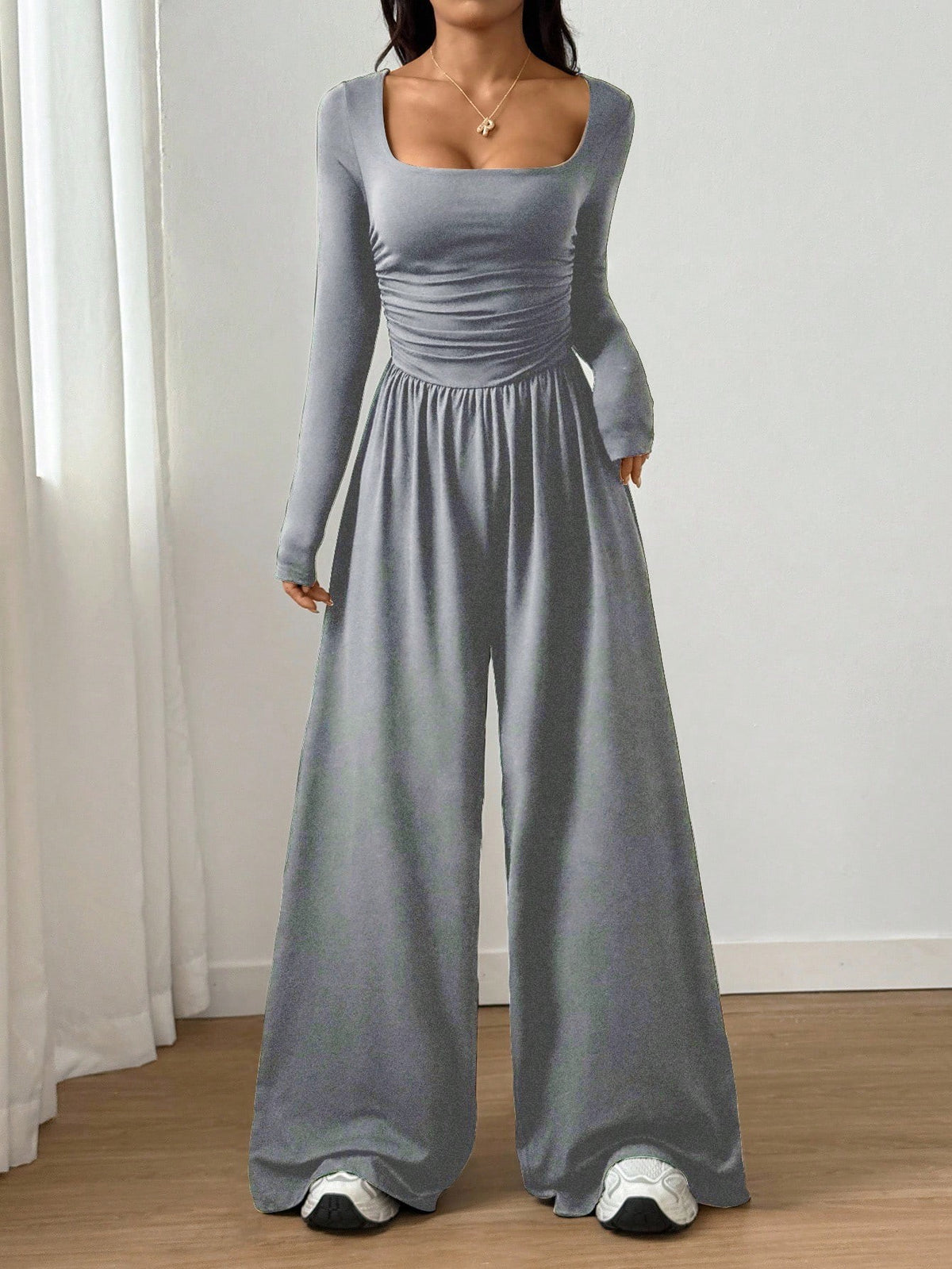 2026 Spring Fall Women's Casual Solid Color Square Neck Long Sleeve A-Line Jumpsuit Pleating Wide Leg Loose Mopping Jumpsuit