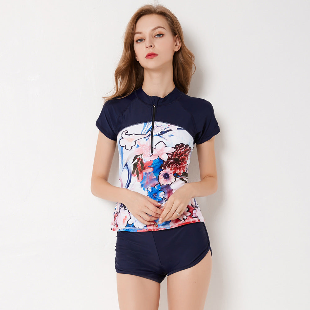 Women's Short Sleeve Conservative Split Swimsuit