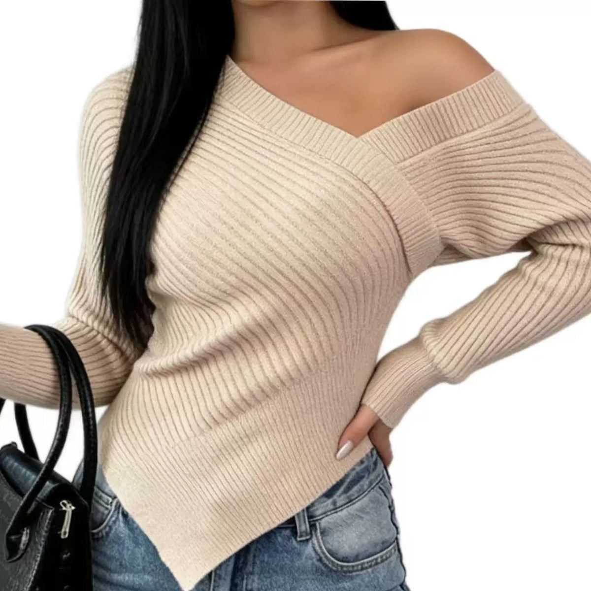 Women's Slouchy Knitwear Fall Winter Sexy Off-shoulder Fitted Asymmetrical Hem T-shirt Sweater with Waist Taper