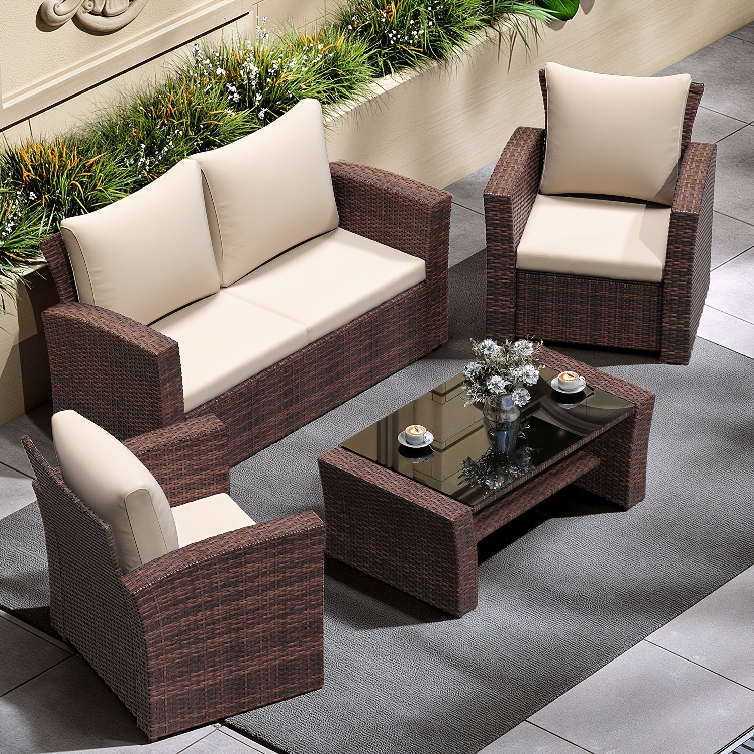 ROYALCRAFT 4pcs Patio Furniture Sets All Weather Outdoor Sectional Sofa Manual Weaving Wicker Rattan Outdoor Conversation Set with with Cushion And Glass Table