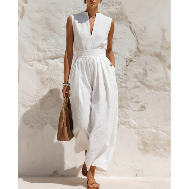 Sleeveless Pullover Solid-color High-waisted Loose-fitting Jumpsuit