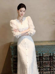 Elegant French White Lace Dress & Coat Set