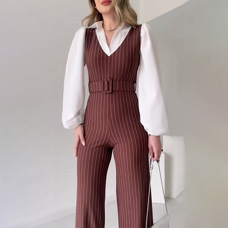 High-Waist Striped Patchwork Straight Leg Jumpsuit