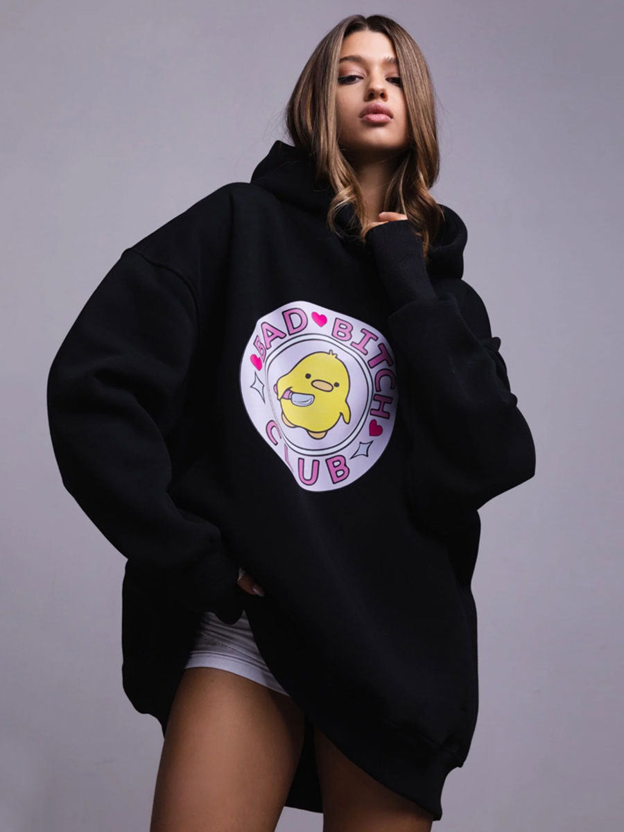 Cute Yellow Duck Print Oversized Cotton Hoodie