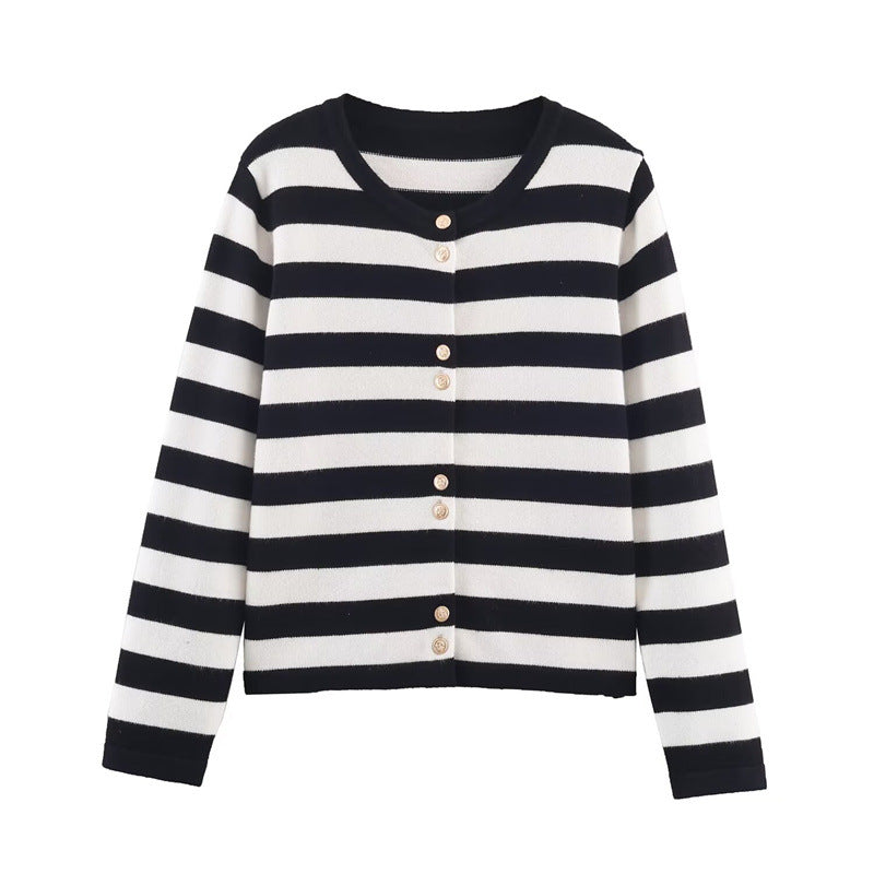 Black and White Striped Knitted Cardigan for Women