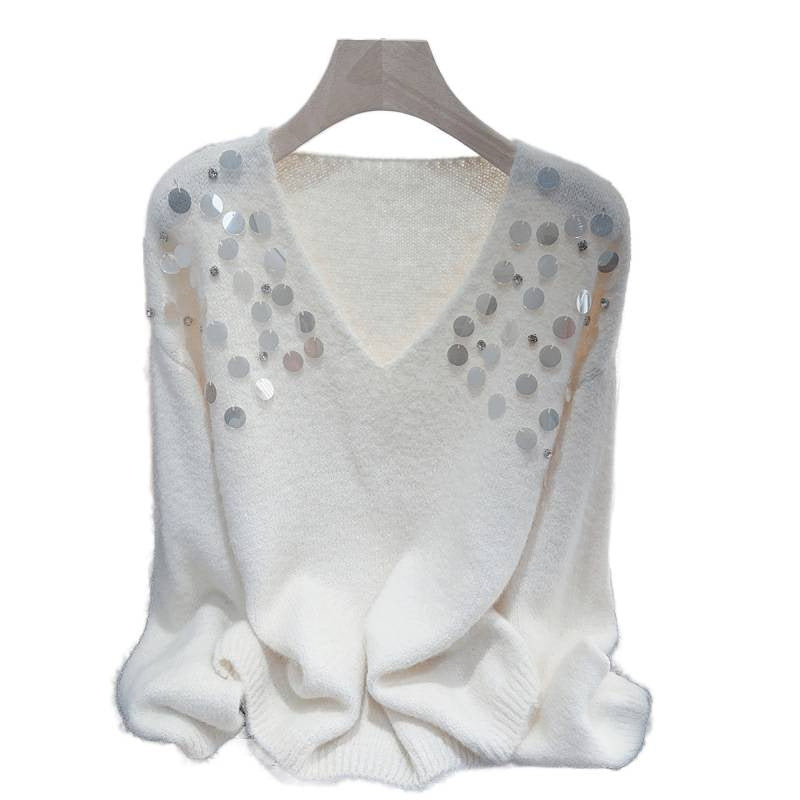 Heavy Embroidery Sequins Diamond V Neck Pullover Lazy Sweater