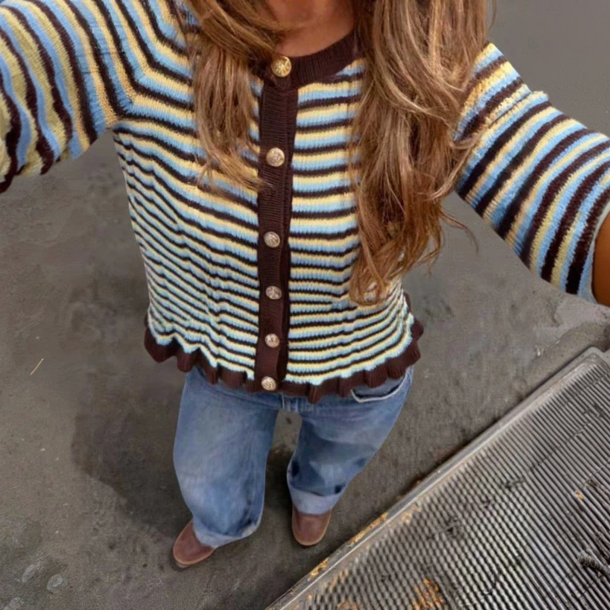 Womens Striped Long-sleeve Cardigan Sweater Top