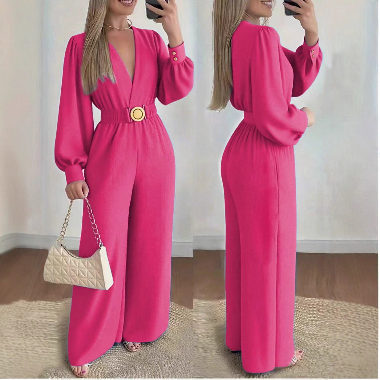 Elegant Deep V-Neck Slim-Fit Long Sleeve Jumpsuit