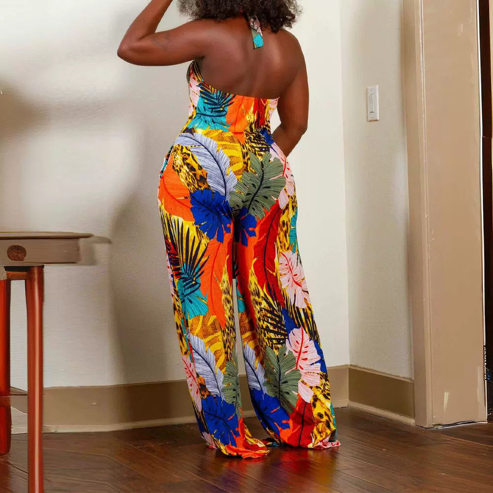 Women's Leaf Print V-Neck Sleeveless Jumpsuit
