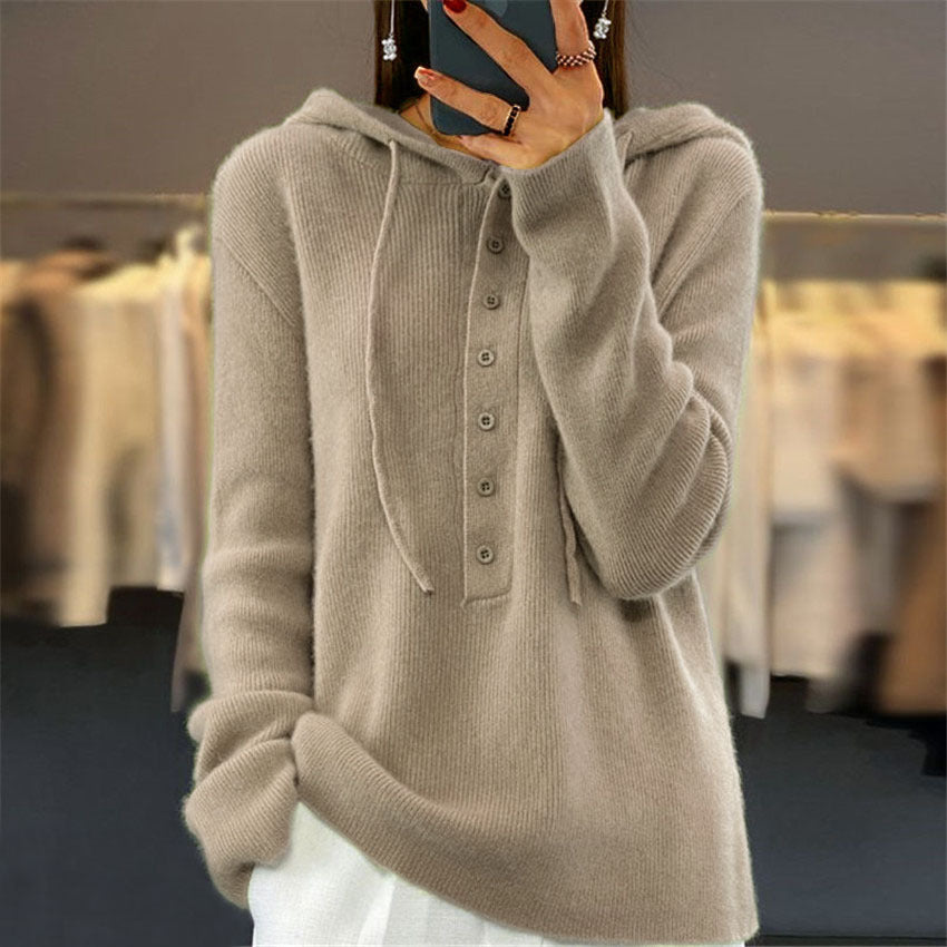 Solid-color Long-sleeve Hooded Knitted Pullover with Drawstring for Women