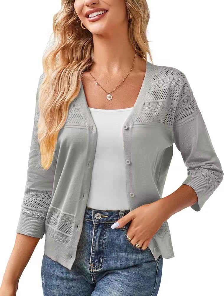 V-neck Cropped Outerwear Hollow-out Knit Cardigan
