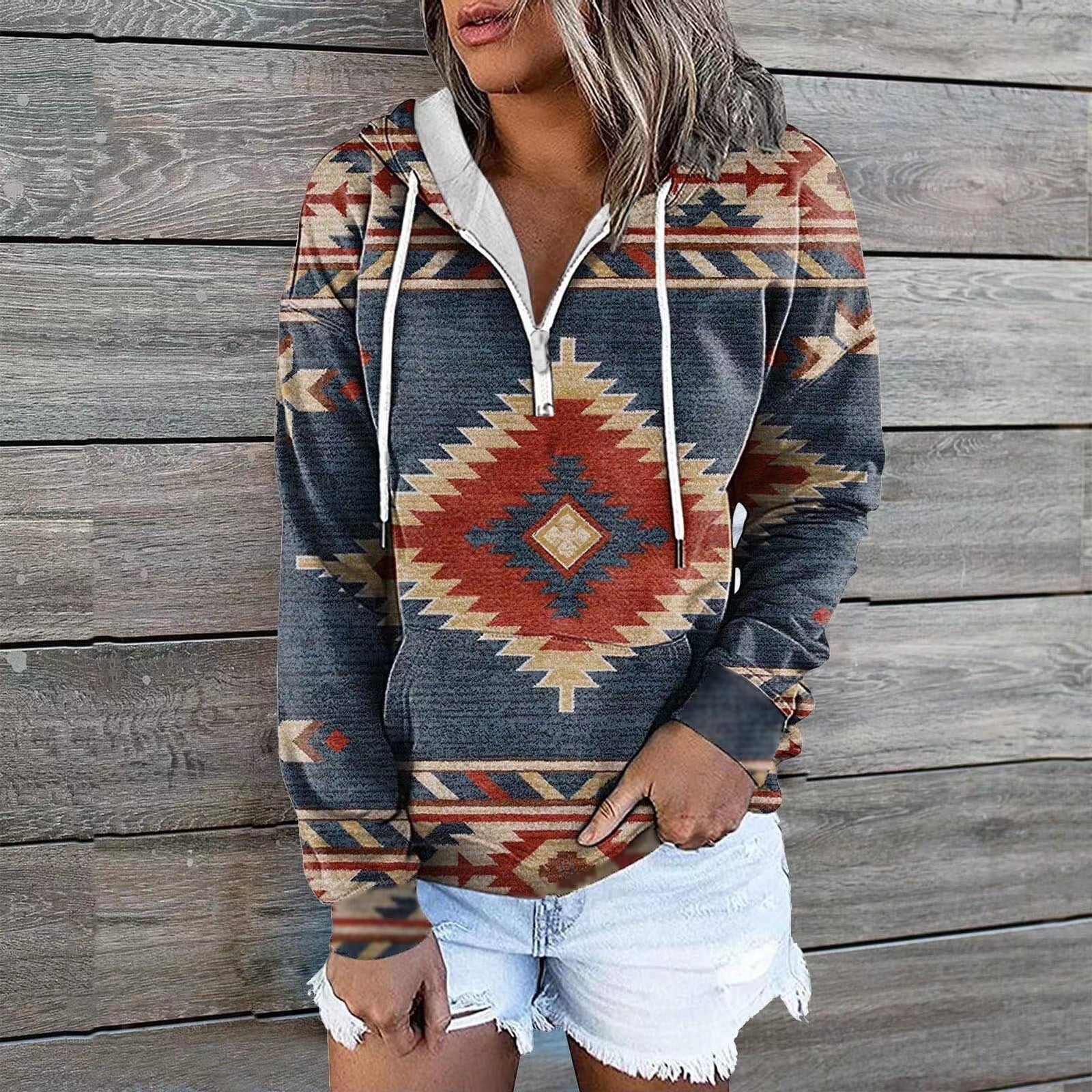 Ethnic Tribal Geometric Print Zip Hoodie