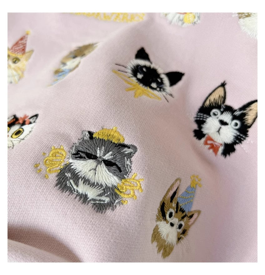 Cute Kitten Embroidered Loose Streetwear Sweater Coat