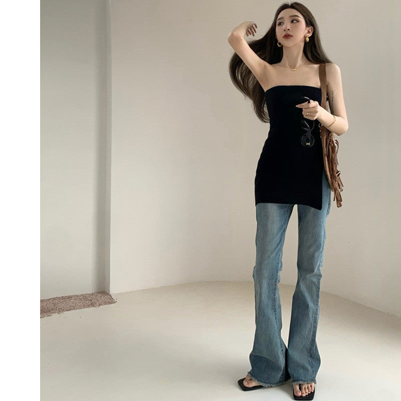 Backless Irregular Hem Tank Top & Straight Neck Bra Set