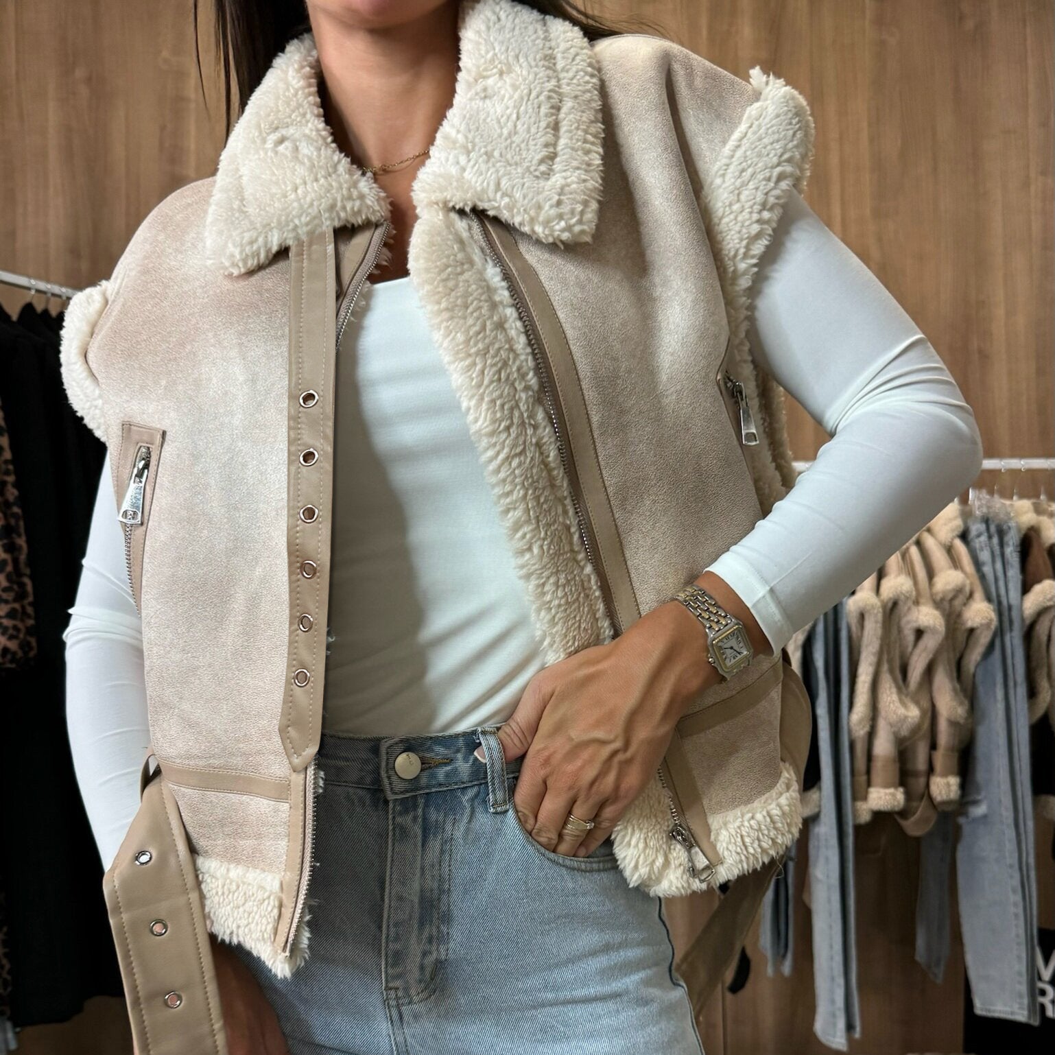 Fashion Zipper Fur Integrated Splicing Coat