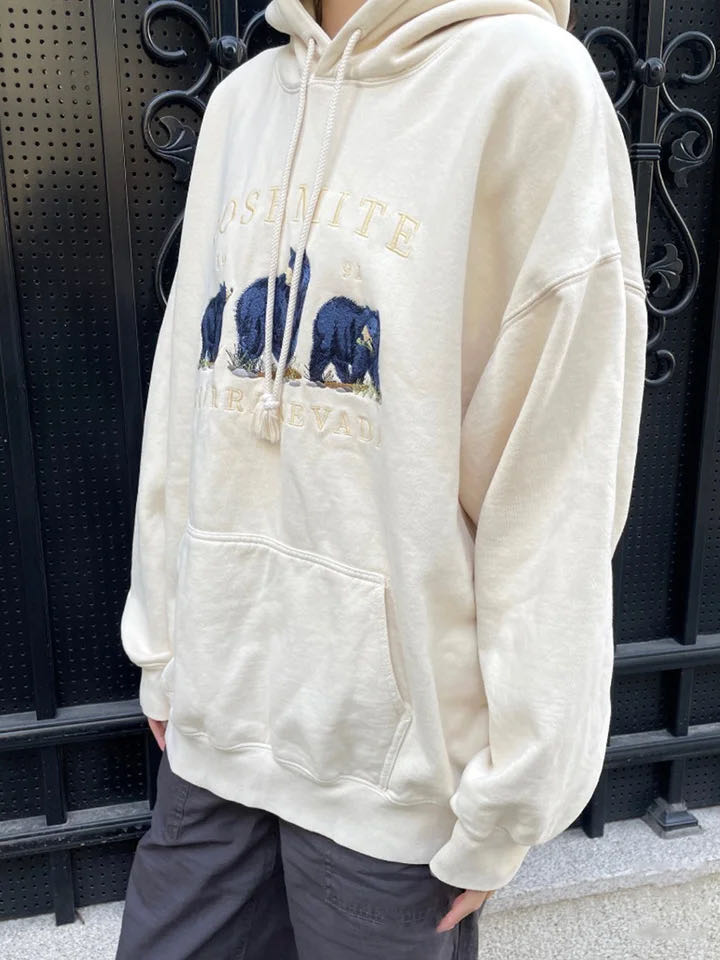 Cozy Bear Embroidered Beige Velvet Hoodie