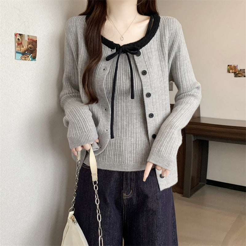 College Style Knitted Cardigan with Suspenders Women's Sweater
