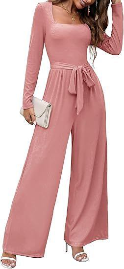 Chic Square-Neck Long-Sleeve Wide-Leg Jumpsuit with Belt