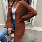 Elegant Mature Solid-color Hollow-out Long-sleeve Plus-size Womens Cardigan
