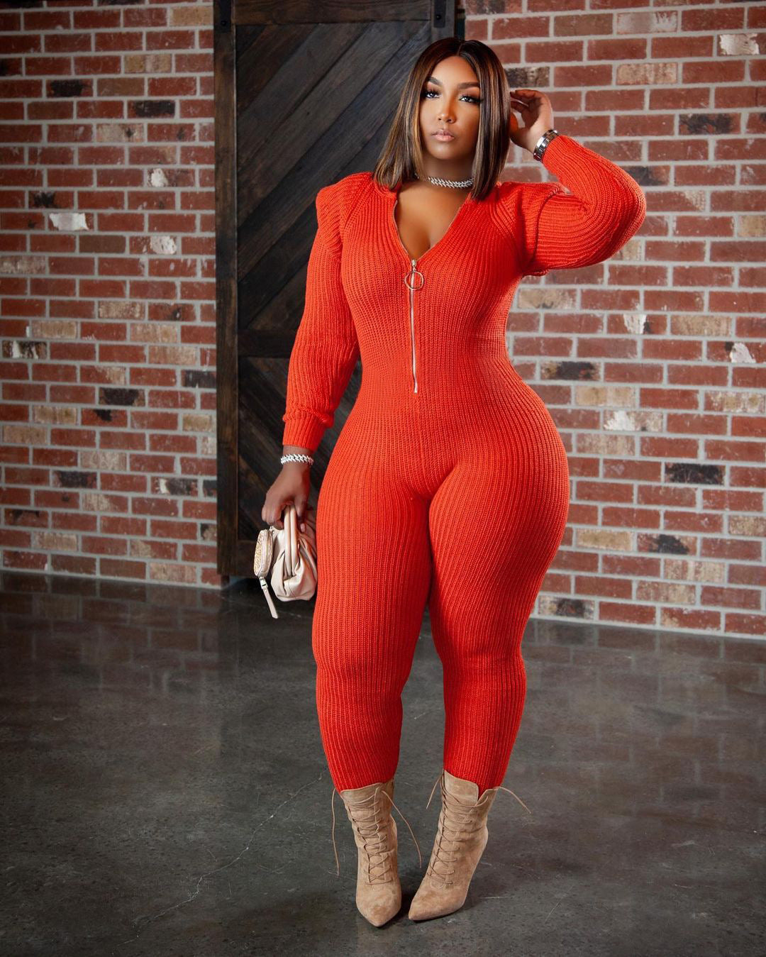 Women's Fall Winter Fashion Knitted Wool Padded Shoulder Hooded Jumpsuit