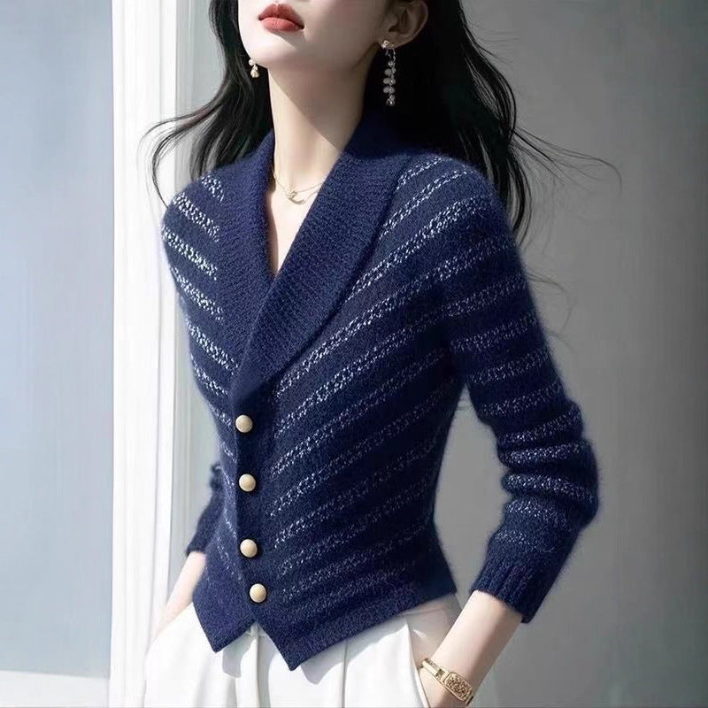 Fashionable Striped Knitted Cardigan Sweater Coat