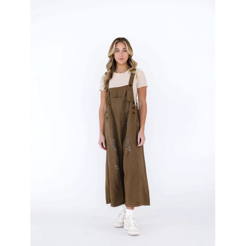 Vintage Distressed Wide-Leg Denim Suspender Pants