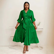 Elegant Solid-color Mid-length Dress with a Tie Detail