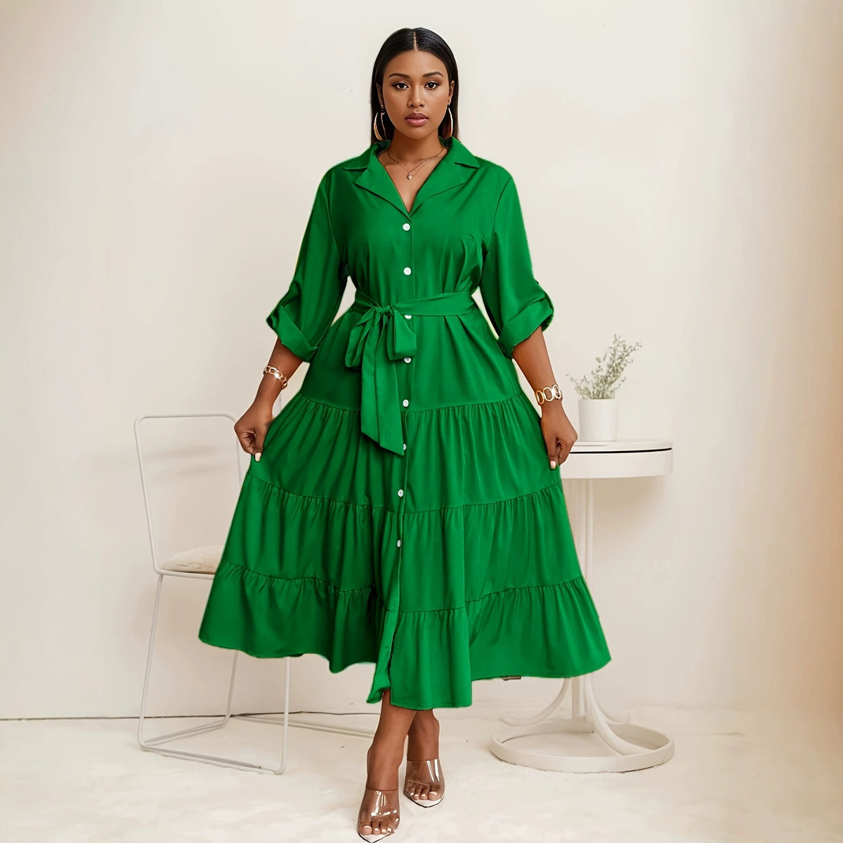 Elegant Solid-color Mid-length Dress with a Tie Detail