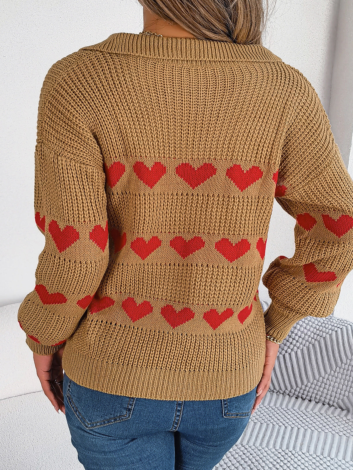 Women Casual V-neck Lantern Sleeve Color Block Heart Pullover Sweater