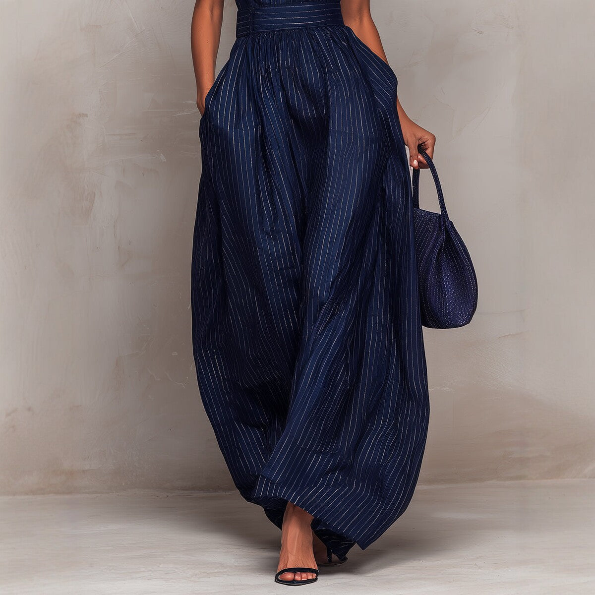 Deep Blue Striped Sleeveless Waist-Cinched Wide-Leg Jumpsuit