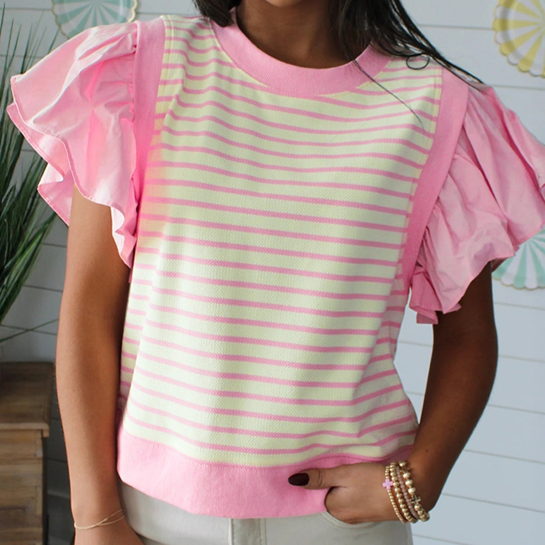 Pink Ruffled Patchwork Blouse – Short Sleeve, Casual Chic