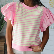 Pink Ruffled Patchwork Blouse – Short Sleeve, Casual Chic
